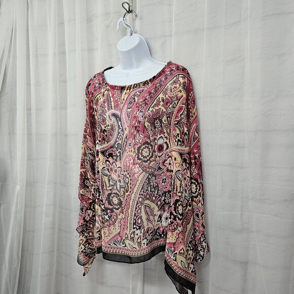 Mirabeau Pink Black Floral Paisley Blouse Peasant Boho Gypsy Festival Sheer L - Picture 5 of 12
